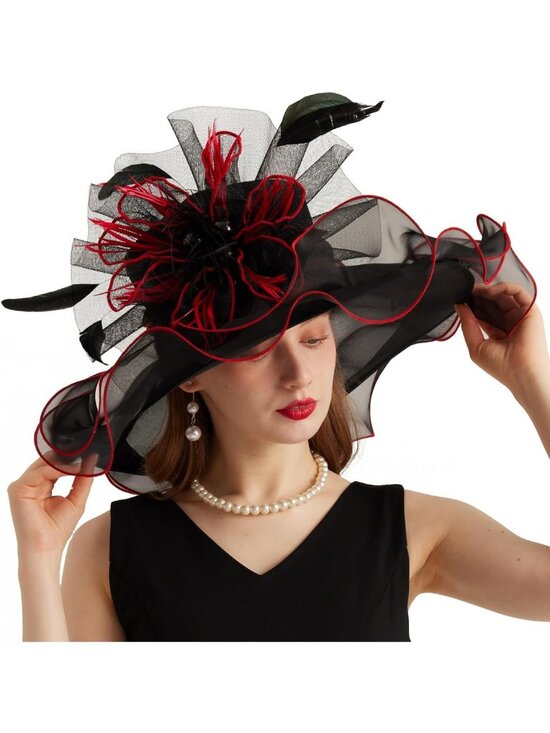 Elegant Wide Brim Organza Church Hat with Detachable Flower for Weddings & Tea